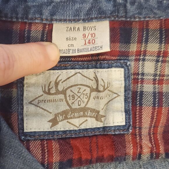Zara Boys Sz 9/10 Chambray Denim Pearl Snap Button Up Western Holiday Plaid Trim - Picture 5 of 7